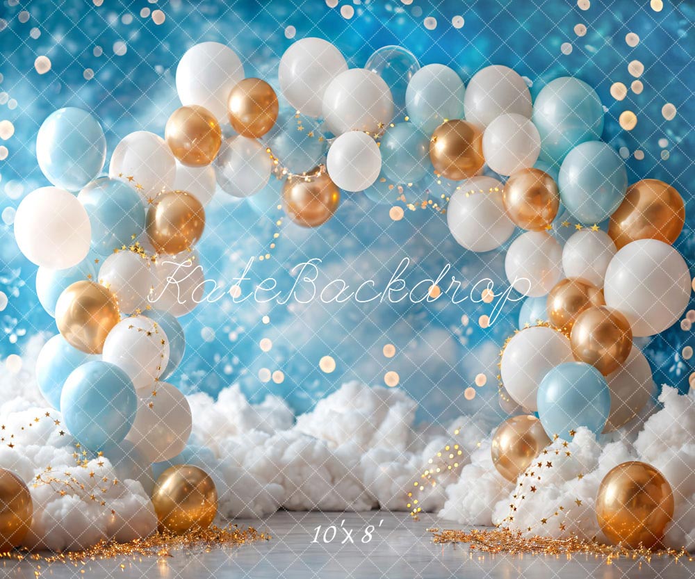 Kate White Blue Gold Balloon Backdrop Birthday Cake Smash Designed by Emetselch