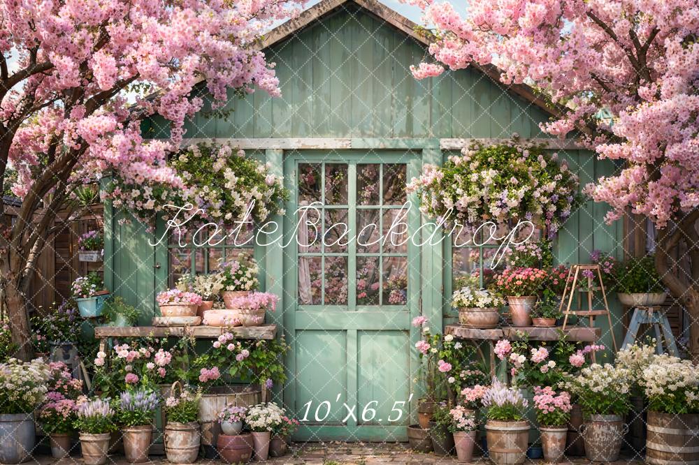 Kate Spring Flowers Green Wooden Door Backdrop Designed by Emetselch