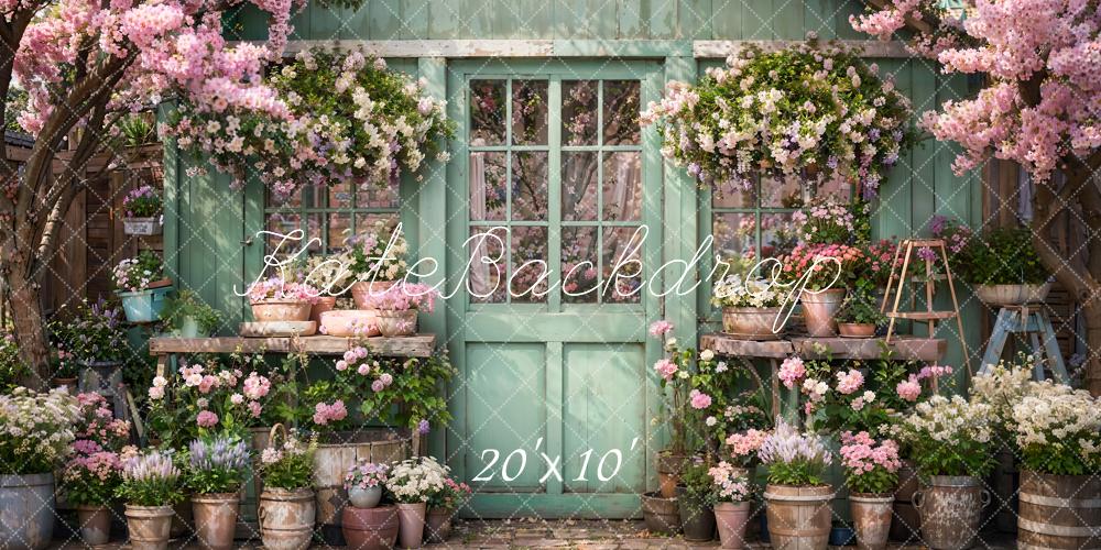 Kate Spring Flowers Green Wooden Door Backdrop Designed by Emetselch