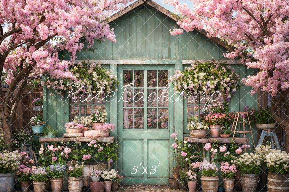 Kate Spring Flowers Green Wooden Door Backdrop Designed by Emetselch