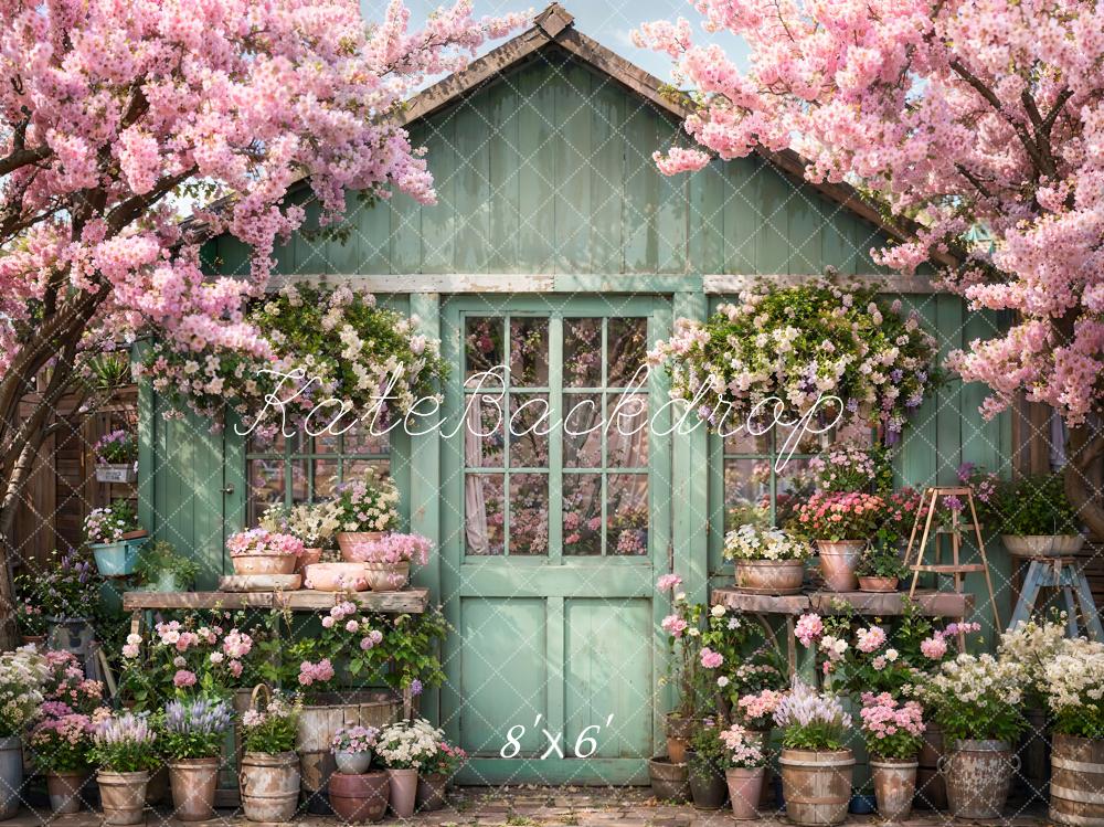 Kate Spring Flowers Green Wooden Door Backdrop Designed by Emetselch