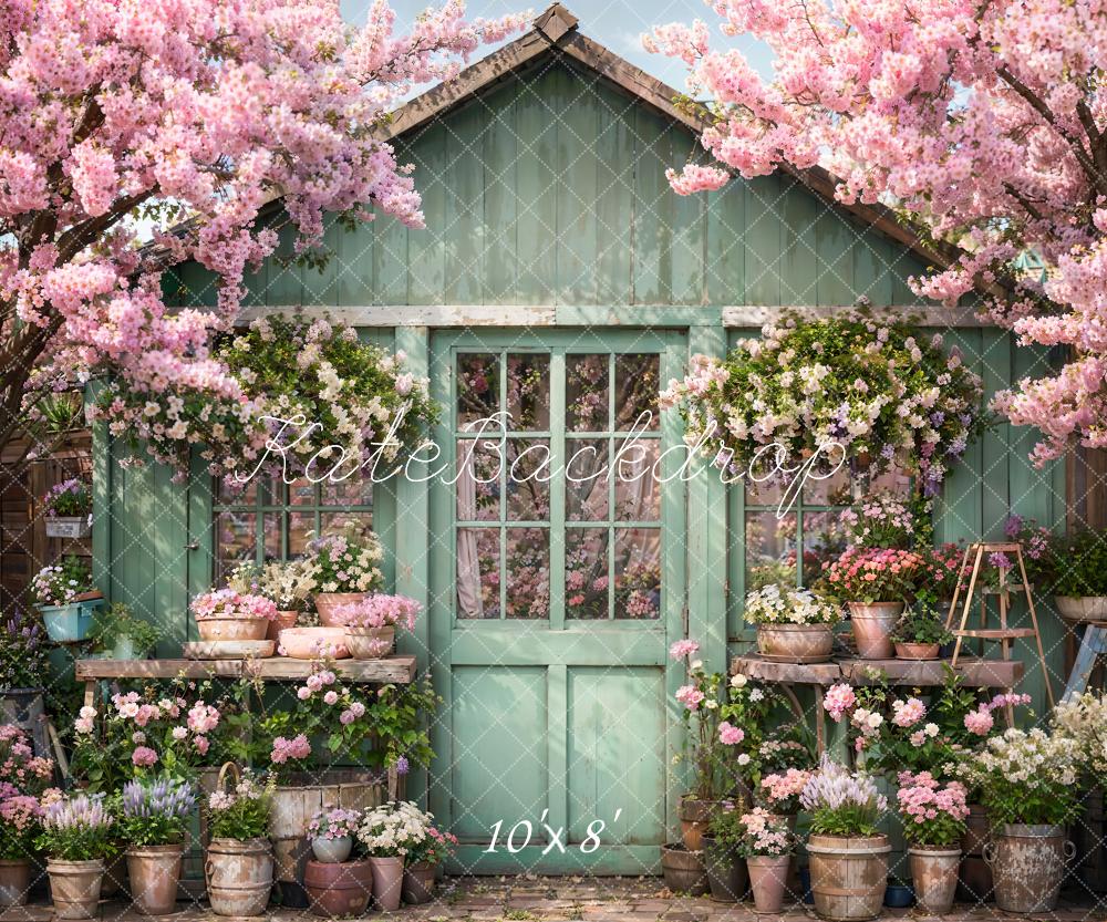 Kate Spring Flowers Green Wooden Door Backdrop Designed by Emetselch