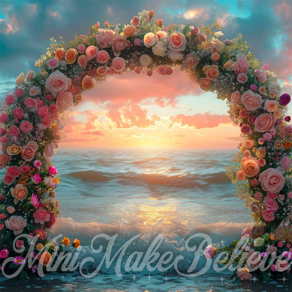 Kate Sunset Flower Arch Ocean Backdrop Designed by Mini MakeBelieve