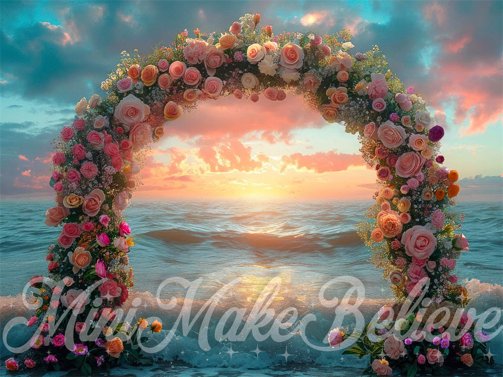 Kate Sunset Flower Arch Ocean Backdrop Designed by Mini MakeBelieve