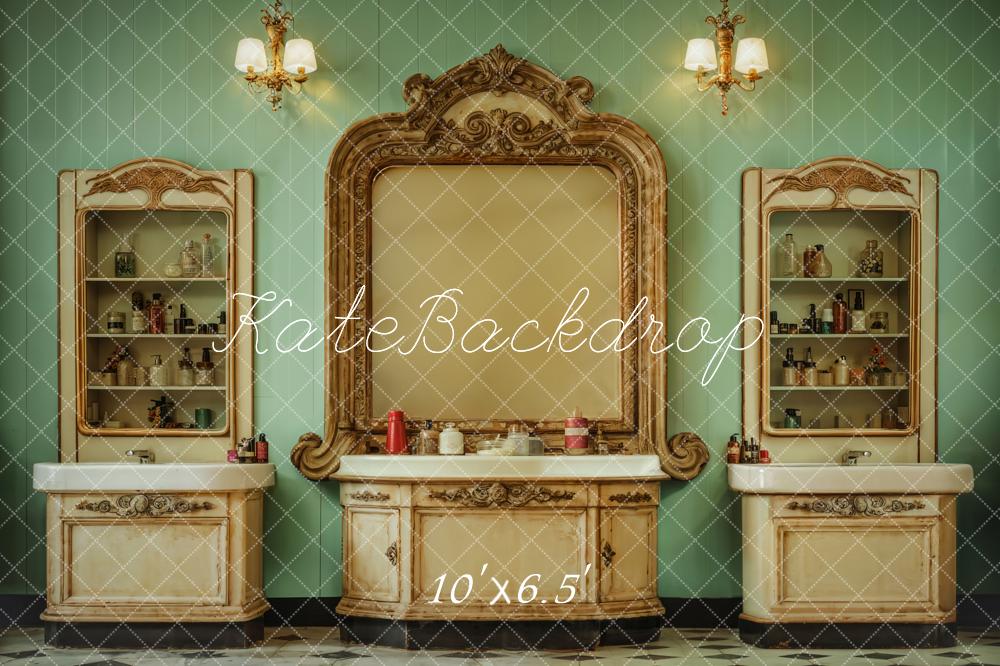 Kate Indoor Retro Beauty Shop Green Strips Wall Backdrop Designed by Emetselch