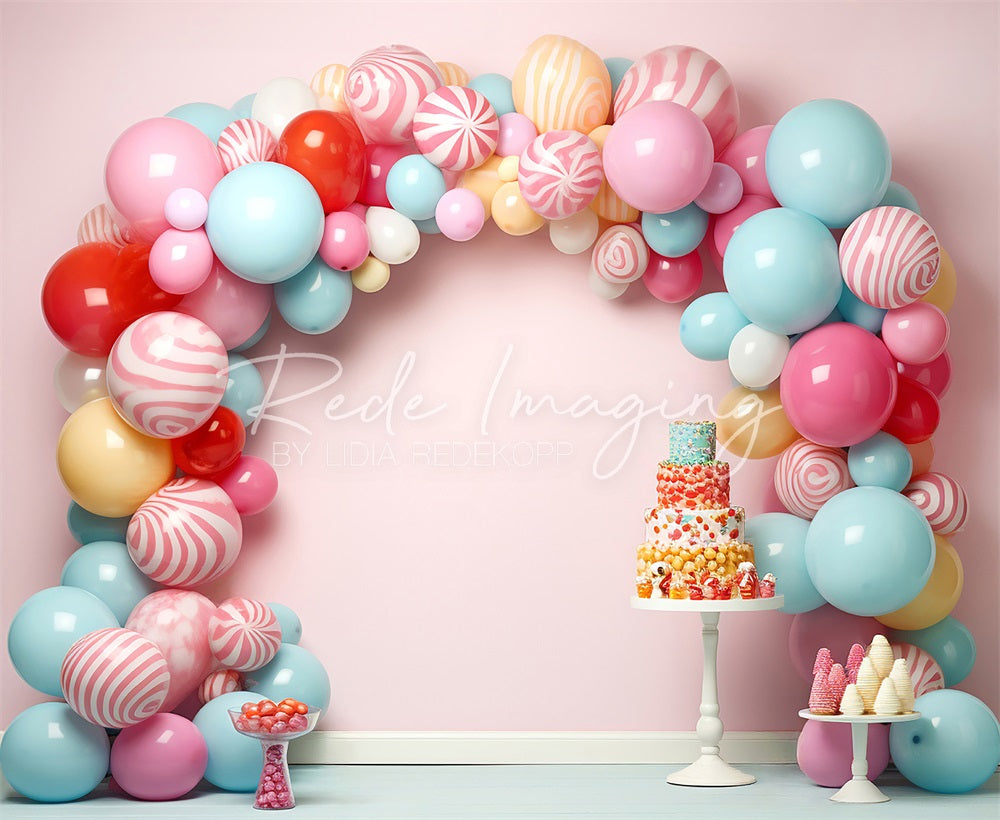 Kate Cake Smash Backdrop Candycane Balloons Arch Designed by Lidia Redekopp