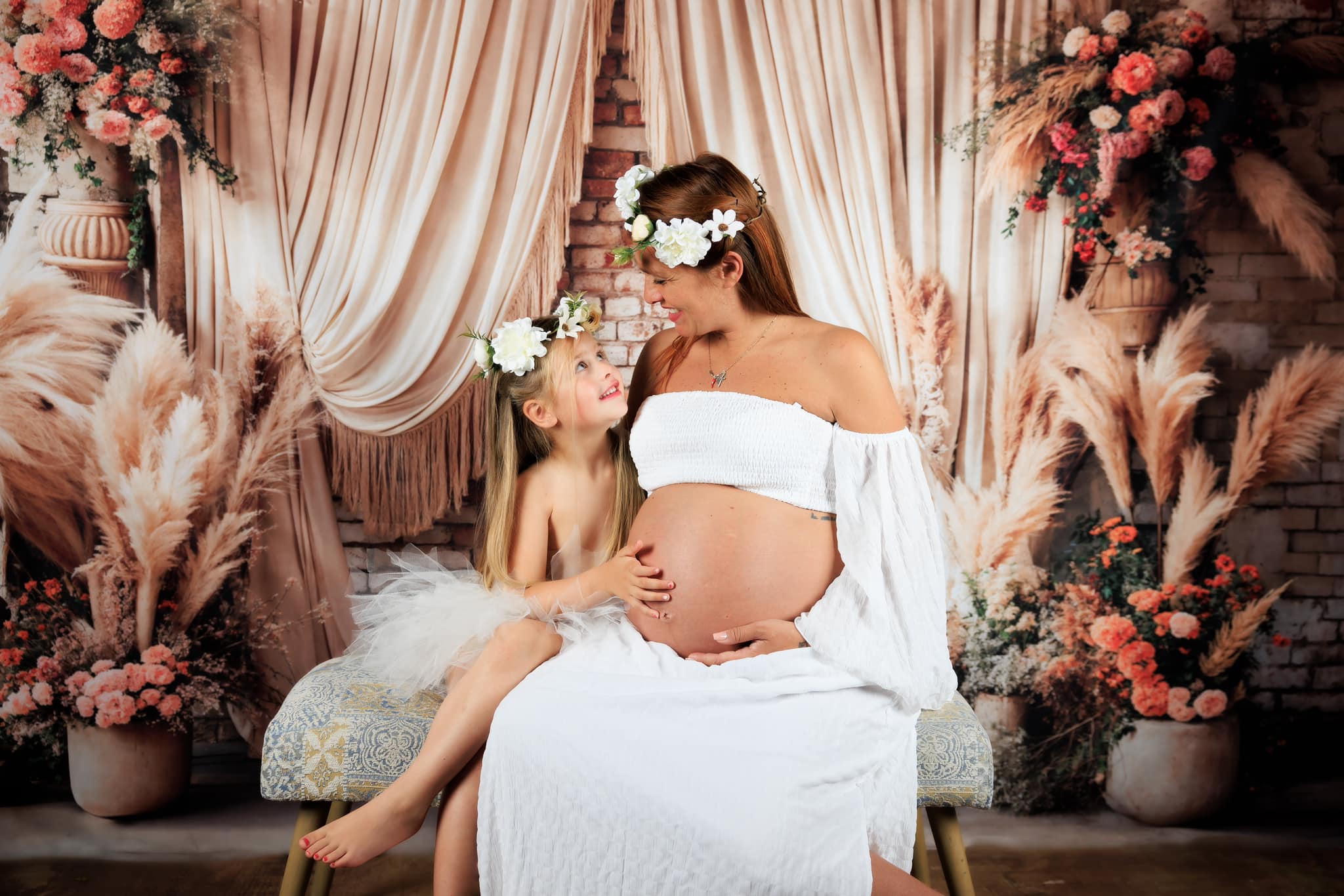 Kate Brick Wall Flowers Boho Backdrop+Grey Abstract Floor Backdrop