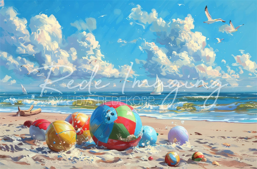 Kate Summer Sea Beach Backdrop Colorful Ball Seagull Designed by Lidia Redekopp