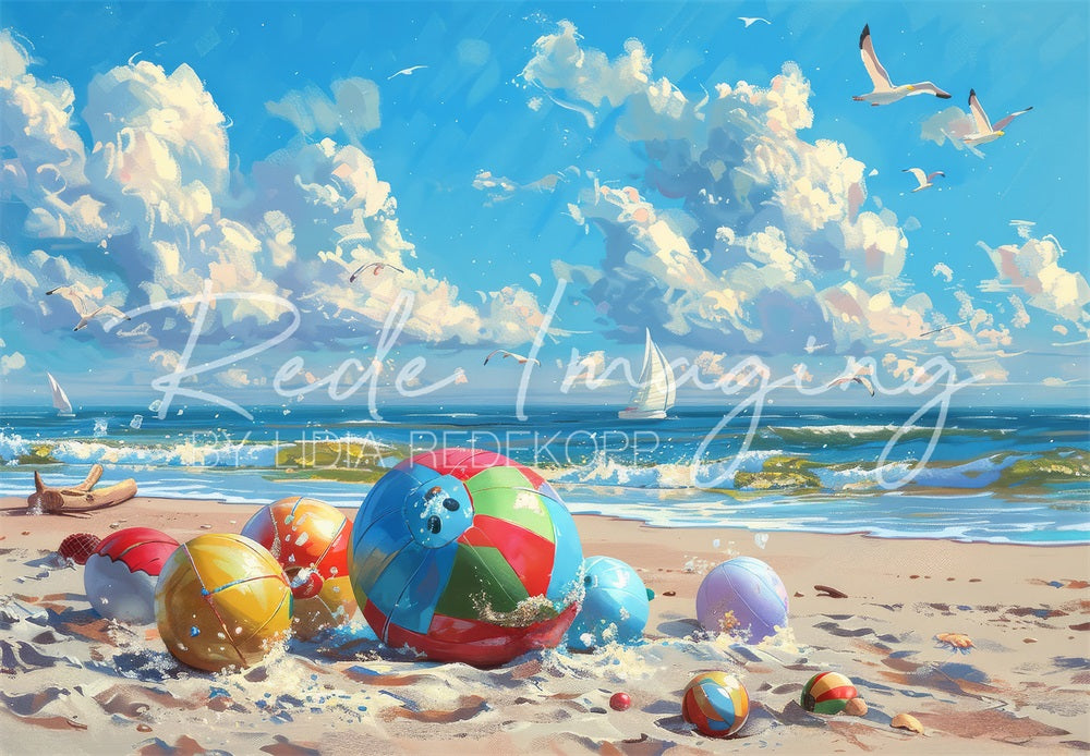 Kate Summer Sea Beach Backdrop Colorful Ball Seagull Designed by Lidia Redekopp