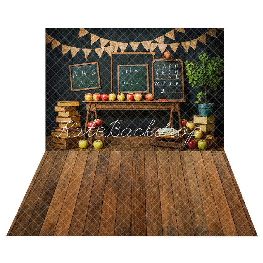 Kate Back to School Chalkboard Backdrop+Brown Wooden Floor Backdrop