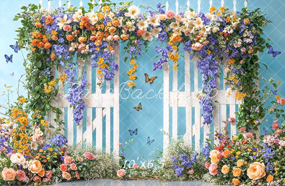 Kate Spring Floral White Fence Blue Backdrop Designed by Chain Photography