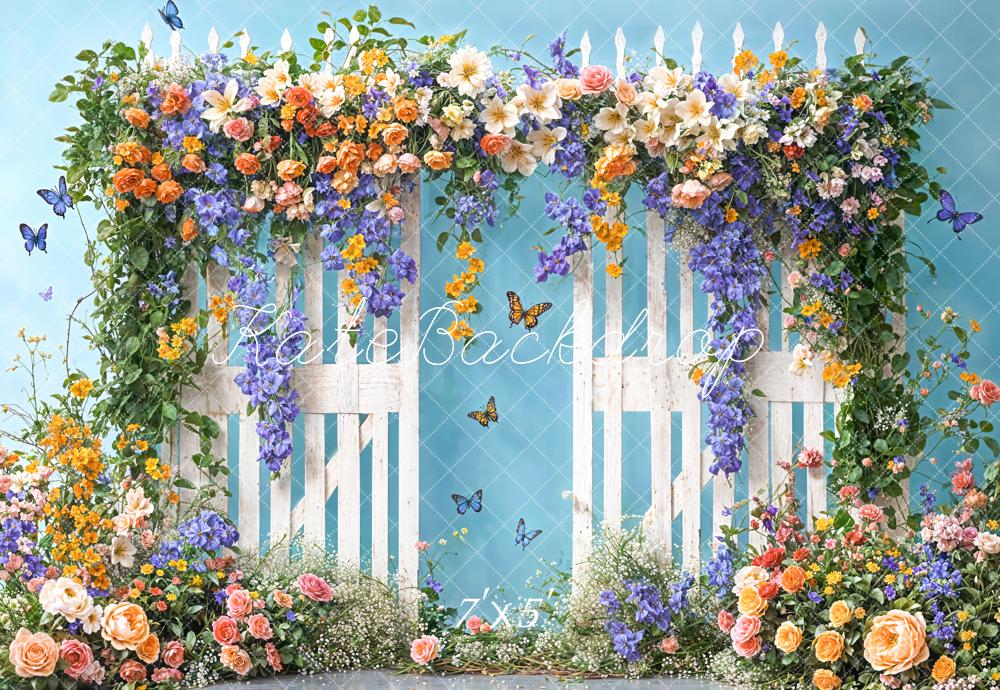 Kate Spring Floral White Fence Blue Backdrop Designed by Chain Photography