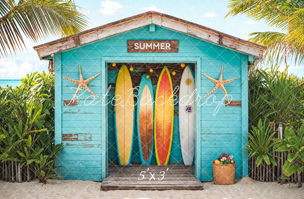 Kate Blue Wooden Surfboard Shop Backdrop Summer Sea Beach Designed by Chain Photography