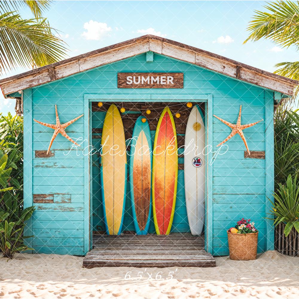 Kate Blue Wooden Surfboard Shop Backdrop Summer Sea Beach Designed by Chain Photography