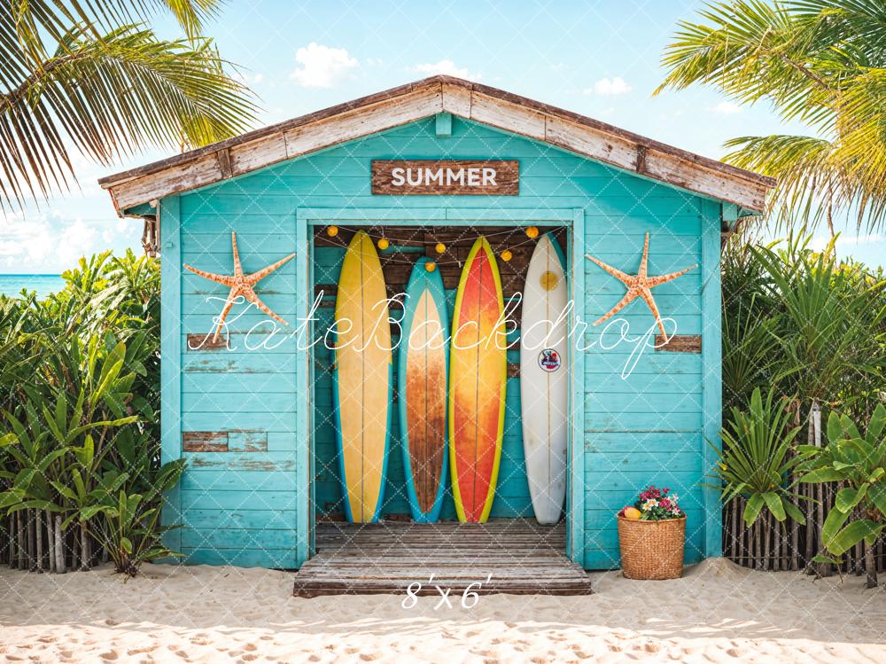 Kate Blue Wooden Surfboard Shop Backdrop Summer Sea Beach Designed by Chain Photography