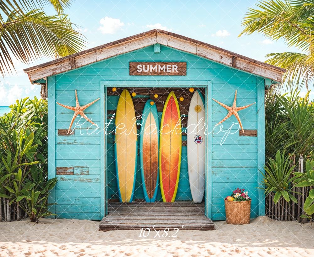 Kate Blue Wooden Surfboard Shop Backdrop Summer Sea Beach Designed by Chain Photography