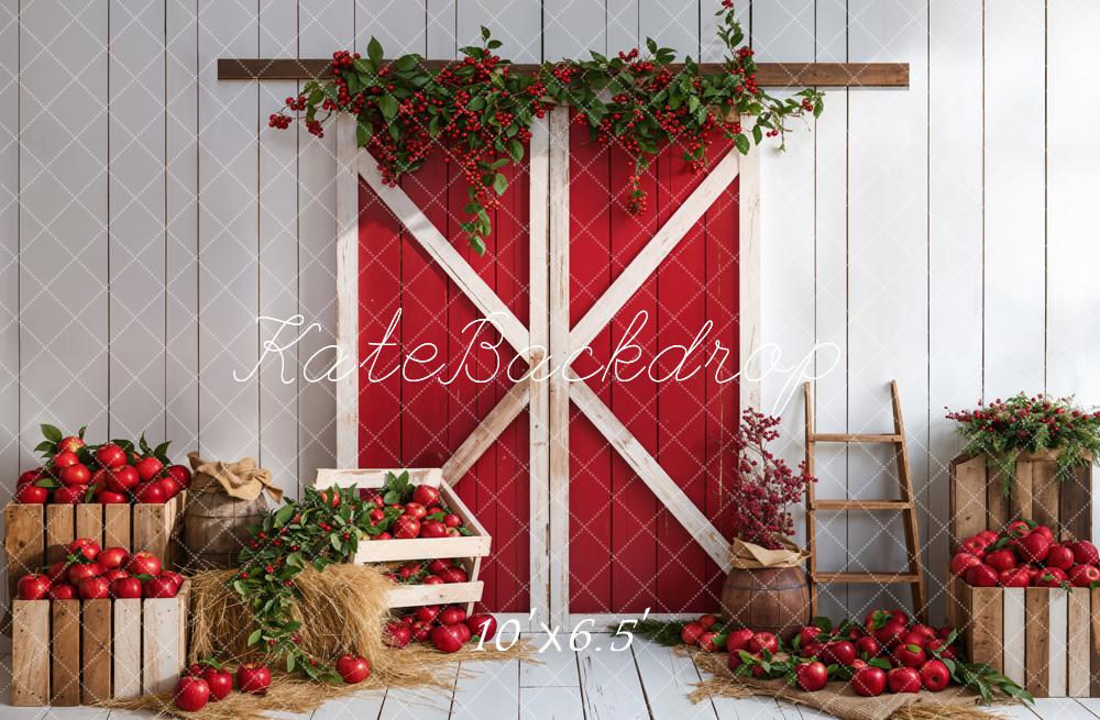 Kate Red Apple Barn Door Backdrop White Wooden Wall Designed by Emetselch