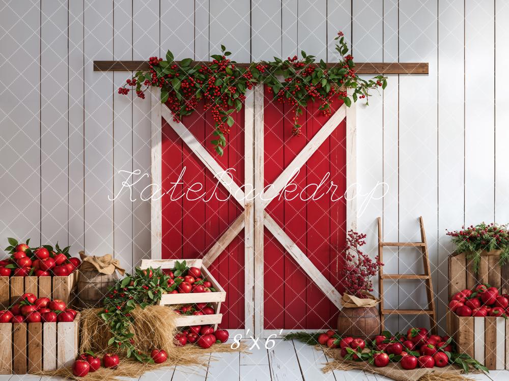 Kate Red Apple Barn Door Backdrop White Wooden Wall Designed by Emetselch