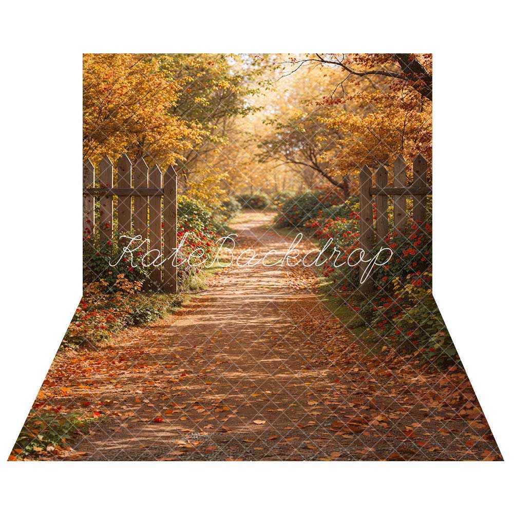 Kate Autumn Forest Wooden Fence Backdrop+Fallen Leaves Path Floor Backdrop