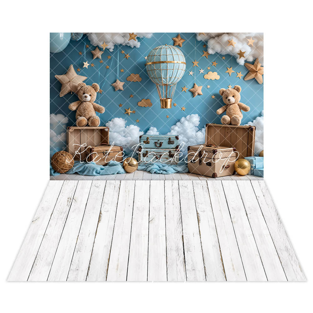 Kate Cartoon Hot Air Balloon Teddy Bear Backdrop+White Wood Grain Backdrop