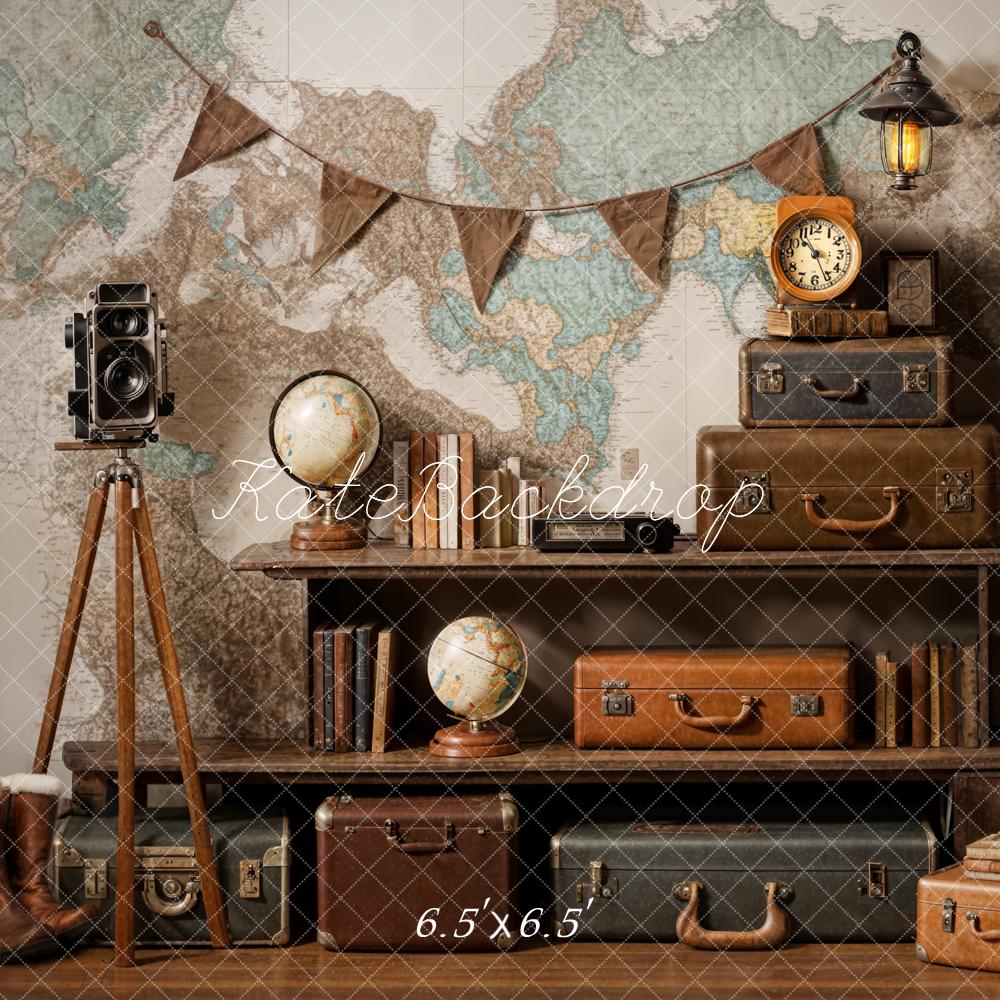 Kate World Map Suitcase Travel Retro Backdrop Designed by Emetselch