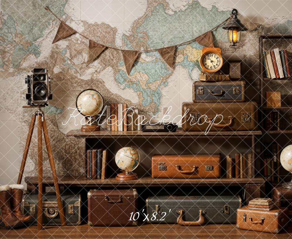 Kate World Map Suitcase Travel Retro Backdrop Designed by Emetselch