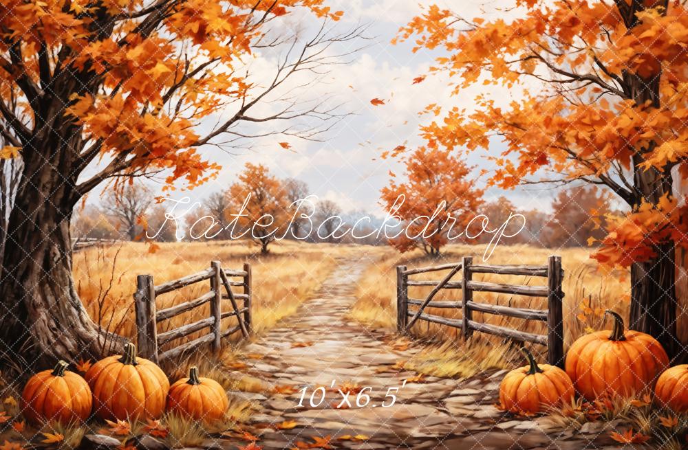 Kate Autumn Backdrop Outdoor Maple Leaves Forest Field Pumpkin Path Designed by GQ