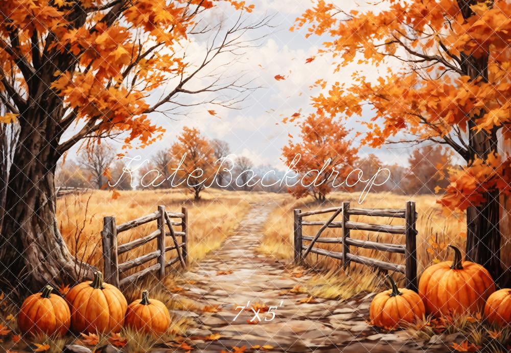 Kate Autumn Backdrop Outdoor Maple Leaves Forest Field Pumpkin Path Designed by GQ