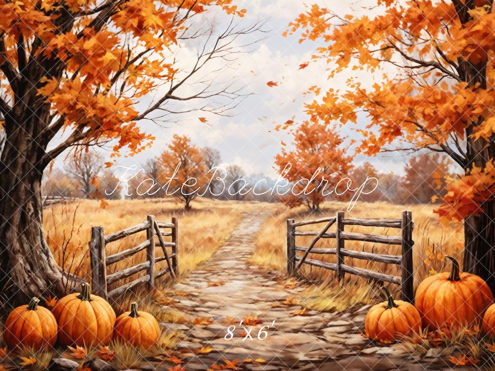 Kate Autumn Backdrop Outdoor Maple Leaves Forest Field Pumpkin Path Designed by GQ