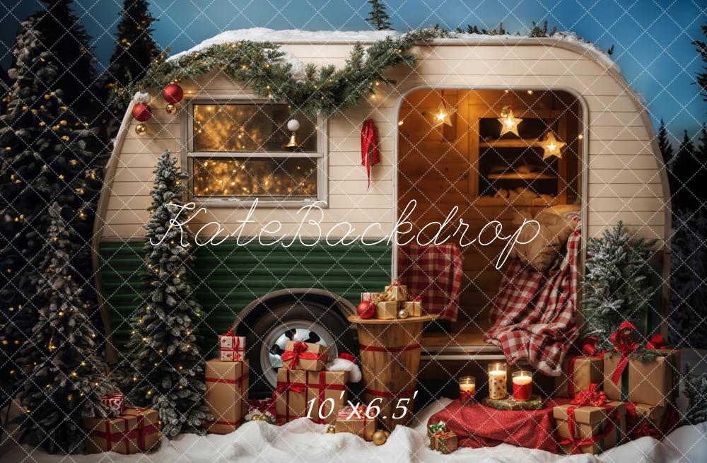 Kate Christmas Snow Outdoor Green Camper Backdrop for Photography