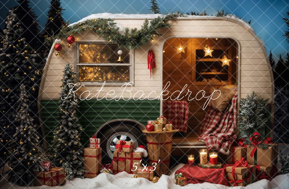 Kate Christmas Snow Outdoor Green Camper Backdrop for Photography