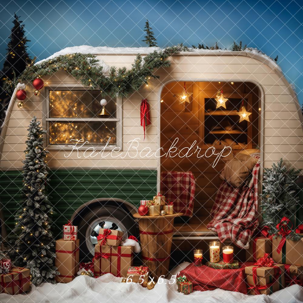 Kate Christmas Snow Outdoor Green Camper Backdrop for Photography