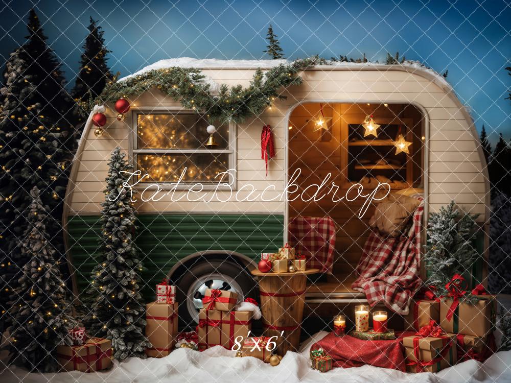 Kate Christmas Snow Outdoor Green Camper Backdrop for Photography