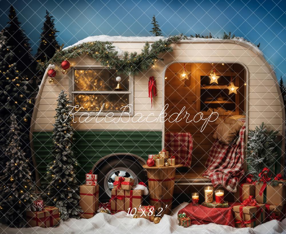 Kate Christmas Snow Outdoor Green Camper Backdrop for Photography