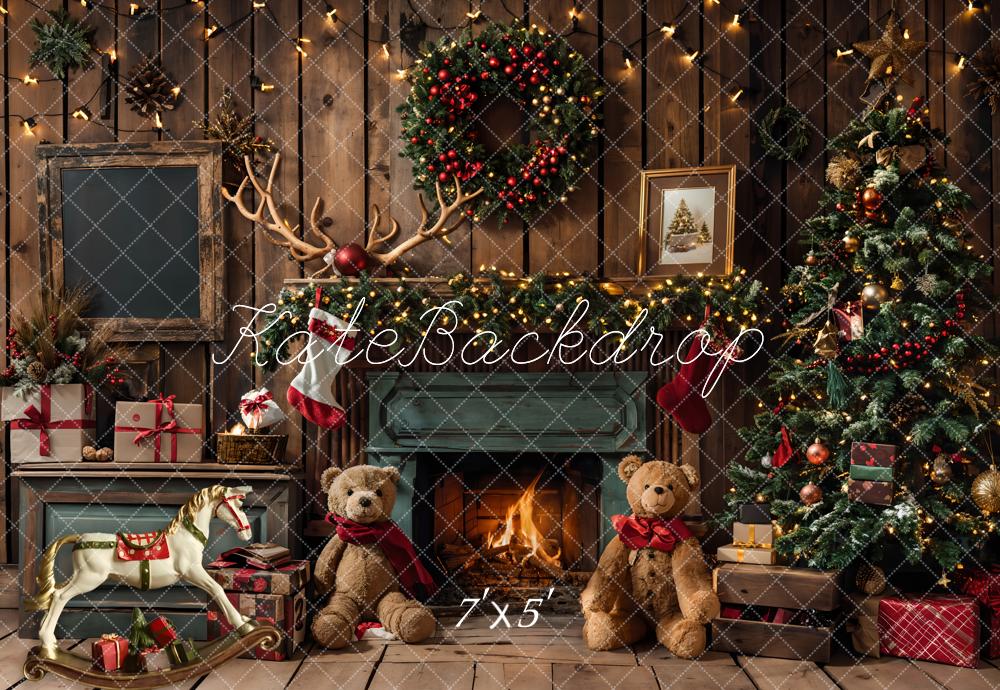 Kate Christmas Fireplace Bear Garland Backdrop Designed by Emetselch