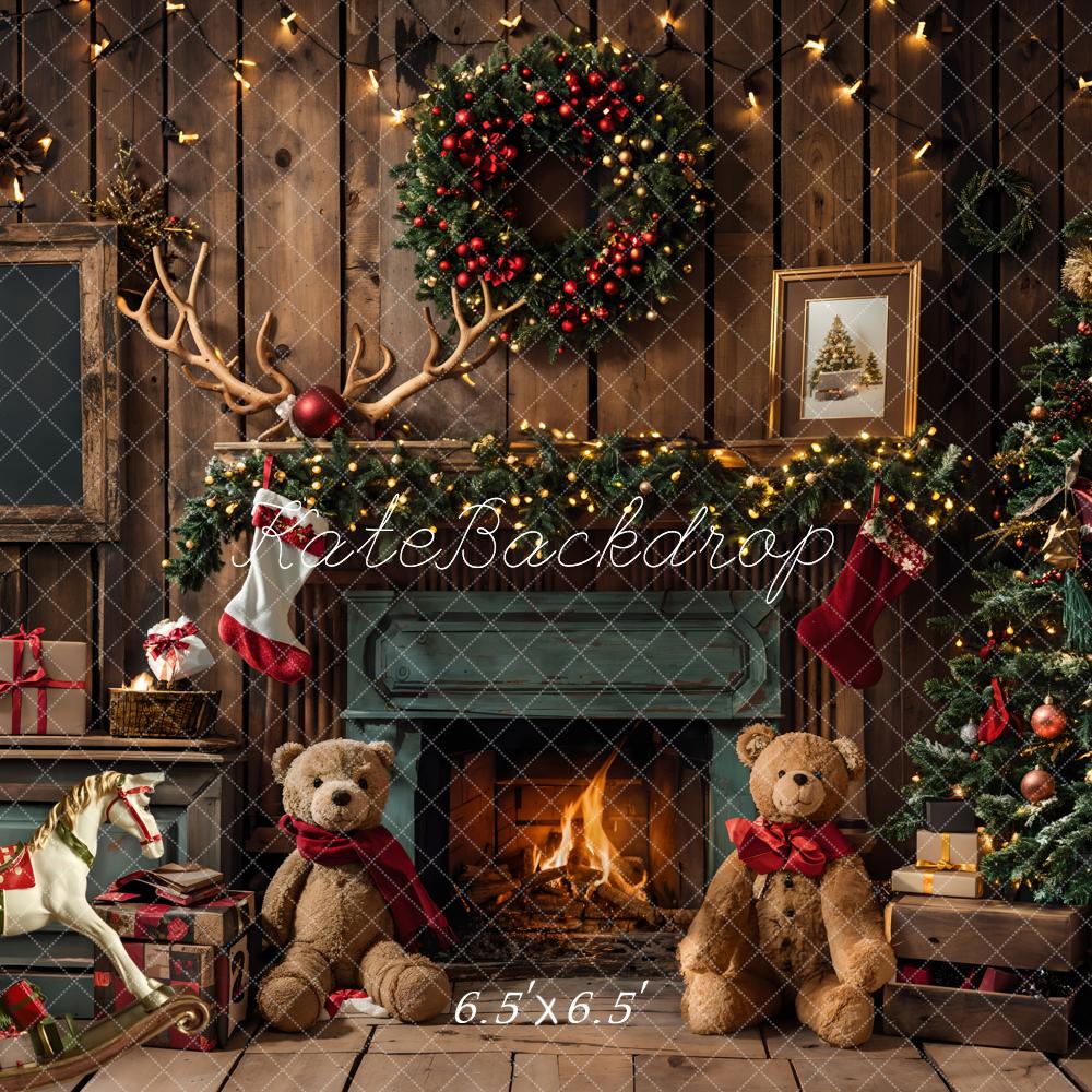 Kate Christmas Fireplace Bear Garland Backdrop Designed by Emetselch