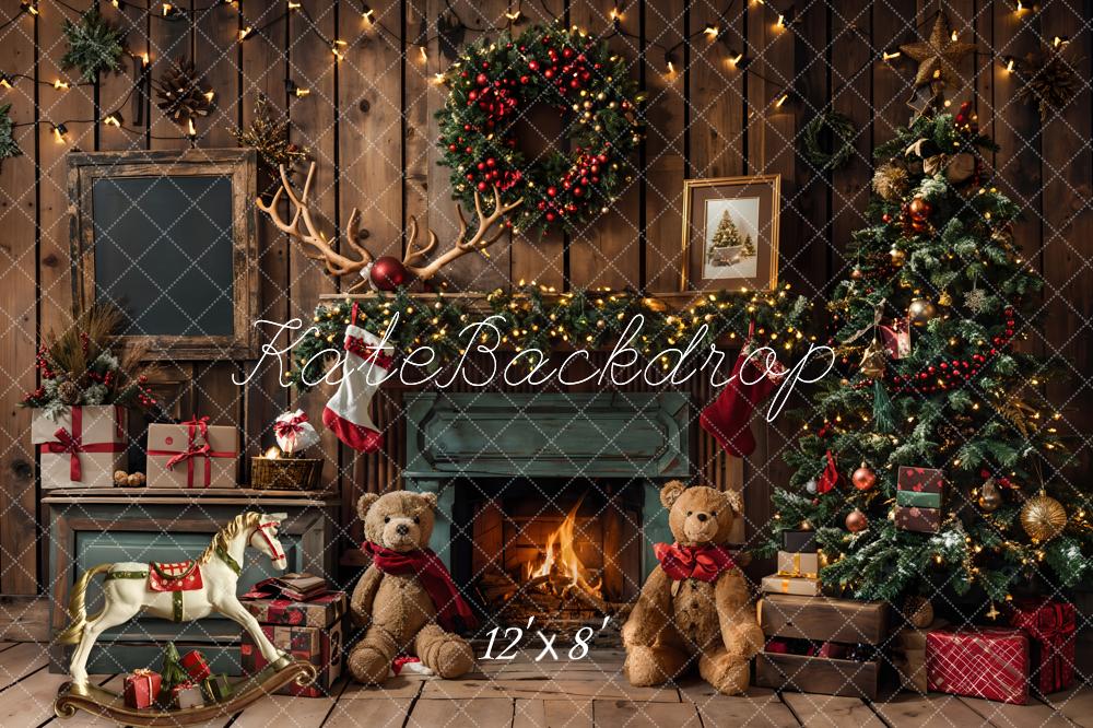 Kate Christmas Fireplace Bear Garland Backdrop Designed by Emetselch