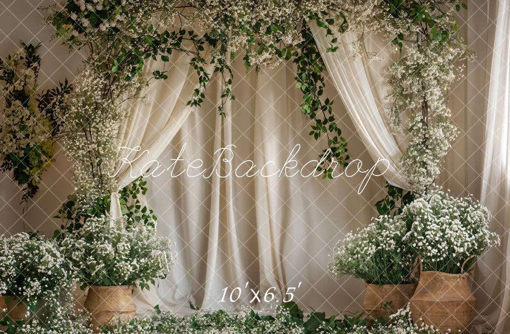 Kate Green Plant White Flower Curtain Backdrop Designed by Emetselch