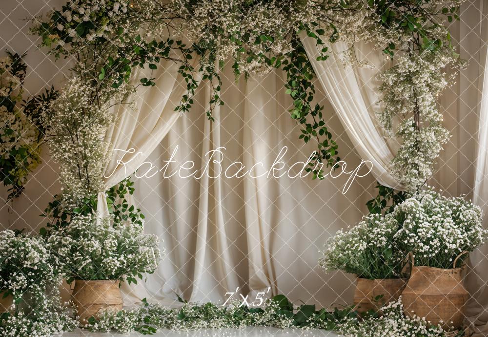 Kate Green Plant White Flower Curtain Backdrop Designed by Emetselch