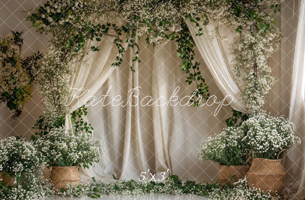 Kate Green Plant White Flower Curtain Backdrop Designed by Emetselch