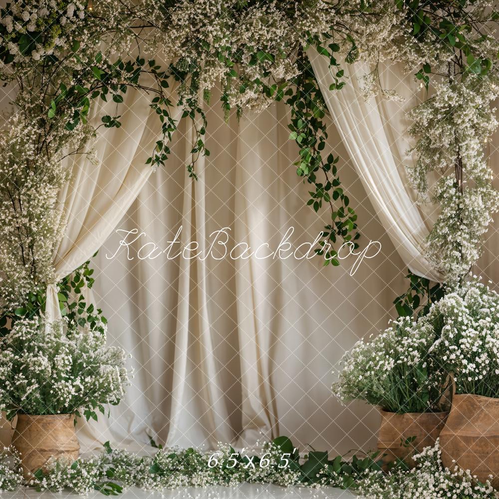 Kate Green Plant White Flower Curtain Backdrop Designed by Emetselch