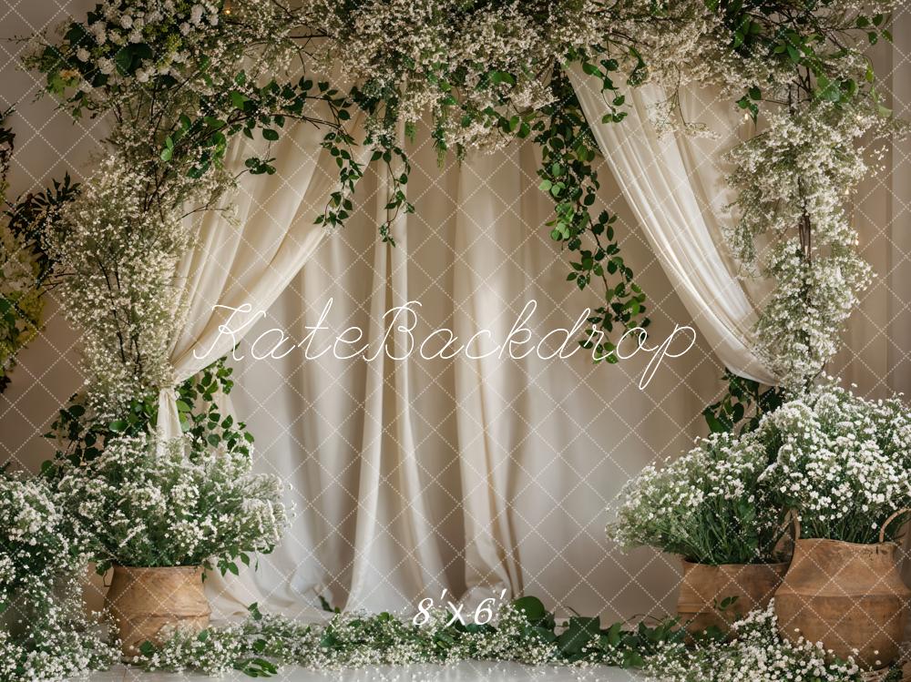 Kate Green Plant White Flower Curtain Backdrop Designed by Emetselch