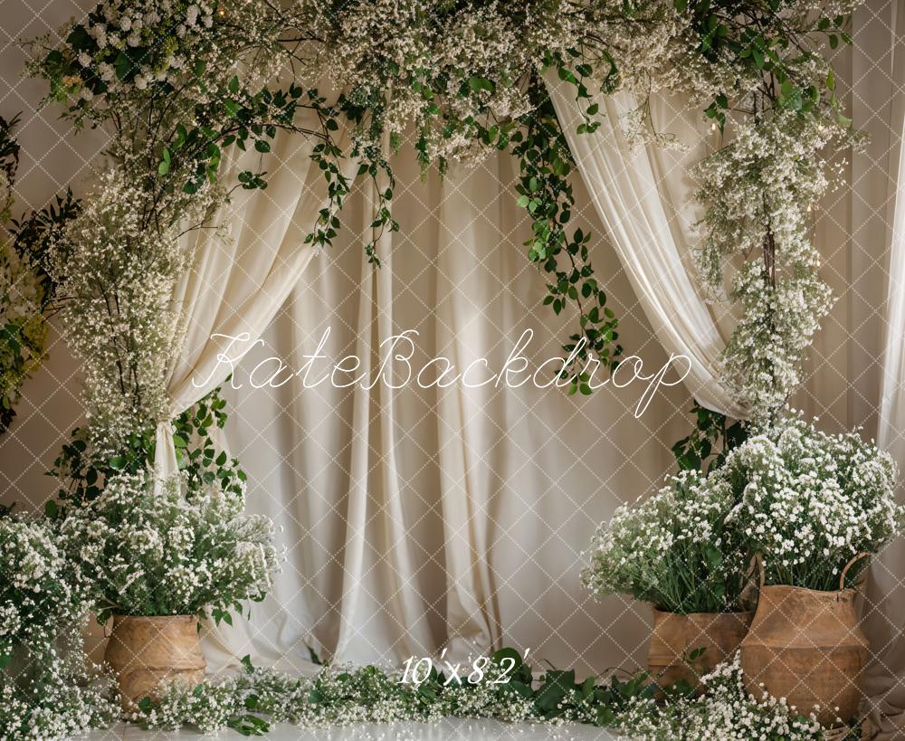 Kate Green Plant White Flower Curtain Backdrop Designed by Emetselch