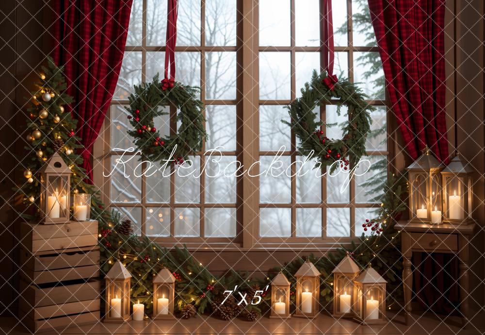 Kate Winter Christmas Indoor Backdrop Green Wreath Window Designed by Emetselch