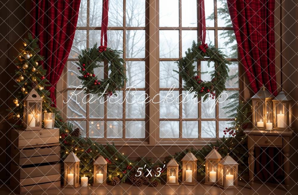 Kate Winter Christmas Indoor Backdrop Green Wreath Window Designed by Emetselch