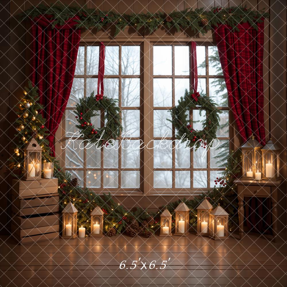 Kate Winter Christmas Indoor Backdrop Green Wreath Window Designed by Emetselch