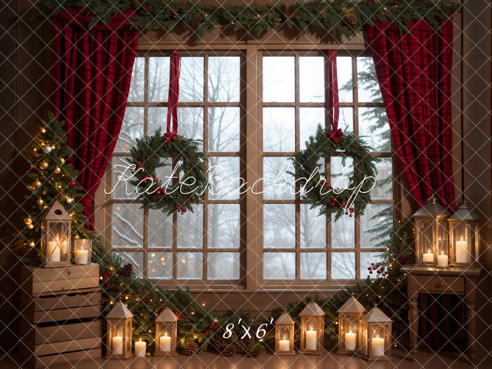 Kate Winter Christmas Indoor Backdrop Green Wreath Window Designed by Emetselch