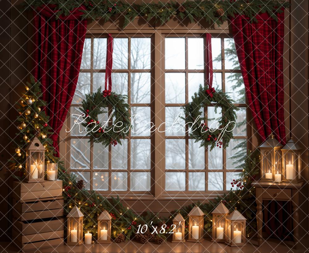 Kate Winter Christmas Indoor Backdrop Green Wreath Window Designed by Emetselch