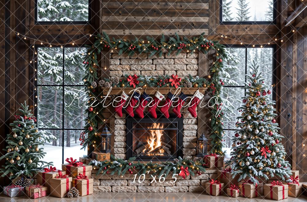 Kate Winter Christmas Brick Fireplace Window Backdrop Designed by Emetselch