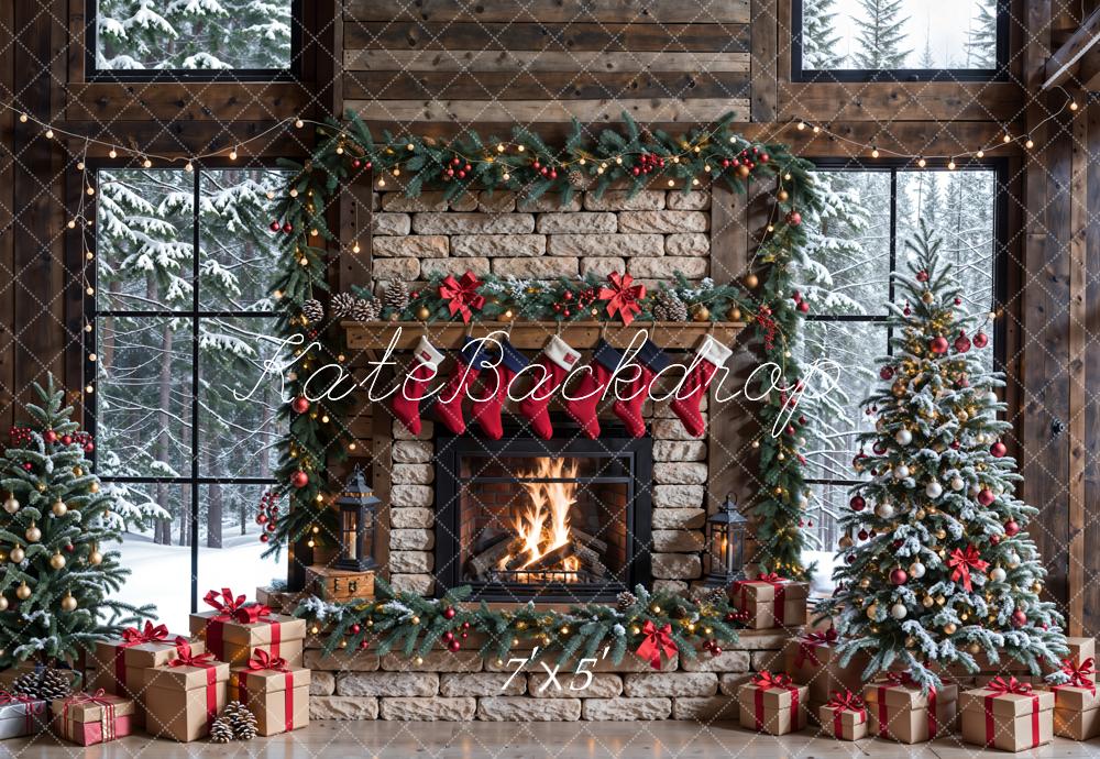 Kate Winter Christmas Brick Fireplace Window Backdrop Designed by Emetselch